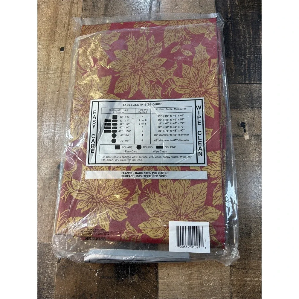 VTG Christmas Poinsettia Flannel Back Vinyl Tablecloth 52x70 Oblong Red Gold NOS